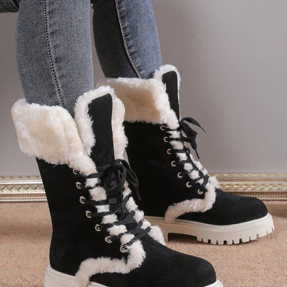 Black Casual Women's Warm Fluffy Mid-Calf Snow Boots